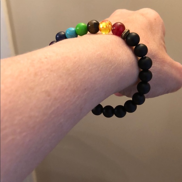 Chakra & Black Bead Rainbow Stretch Bracelet - Picture 5 of 8